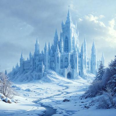 The primary subject of the image is a large, snow-covered castle with a tall tower. The setting is a winter landscape, with the castle surrounded by snow and ice. The visual style is digital art, as the image appears to be a painting or drawing created using digital tools. The dominant colors are white and blue, giving the scene a cold and icy atmosphere.